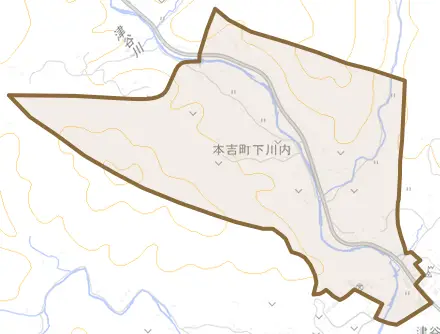本吉町東川内とその周辺の地図。町の範囲を重ねている