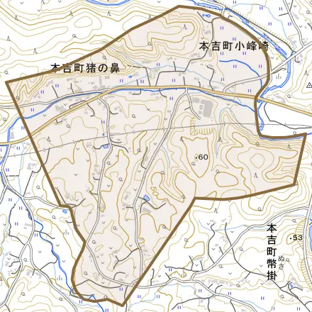 本吉町猪の鼻とその周辺の地図。町の範囲を重ねている