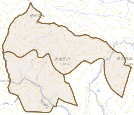 本吉町上川内とその周辺の地図。町の範囲を重ねている