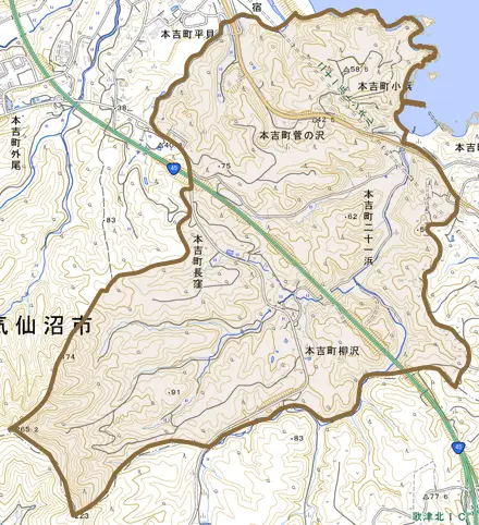 本吉町今朝磯とその周辺の地図。町の範囲を重ねている