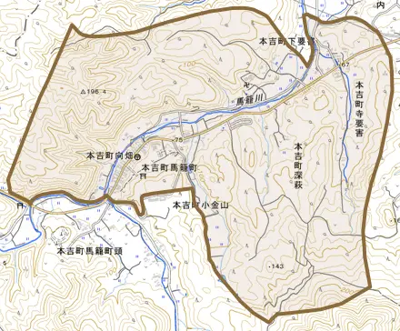 本吉町向畑とその周辺の地図。町の範囲を重ねている