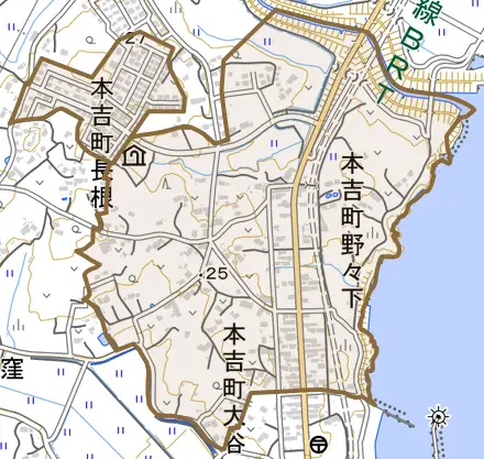 本吉町長根とその周辺の地図。町の範囲を重ねている