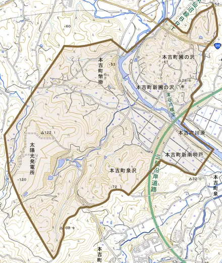 本吉町幣掛とその周辺の地図。町の範囲を重ねている