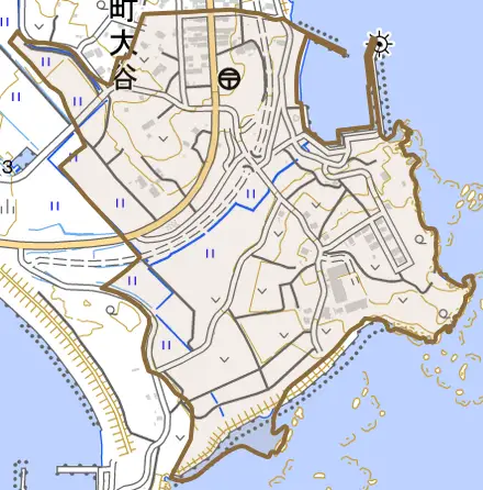 本吉町大谷とその周辺の地図。町の範囲を重ねている