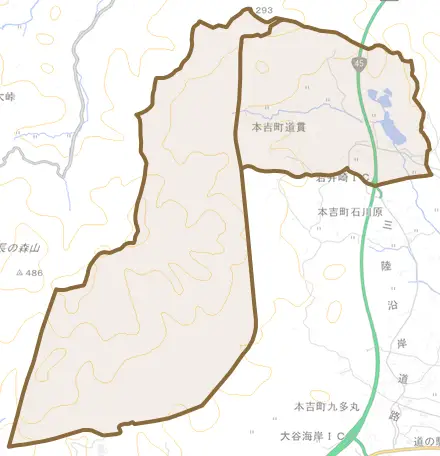 本吉町菖蒲沢とその周辺の地図。町の範囲を重ねている
