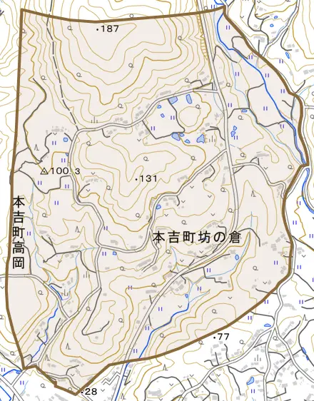 本吉町高岡とその周辺の地図。町の範囲を重ねている