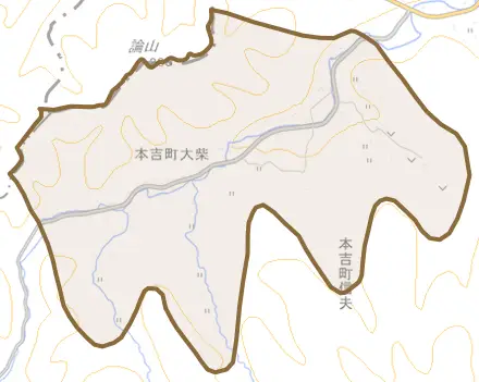 本吉町滝沢とその周辺の地図。町の範囲を重ねている