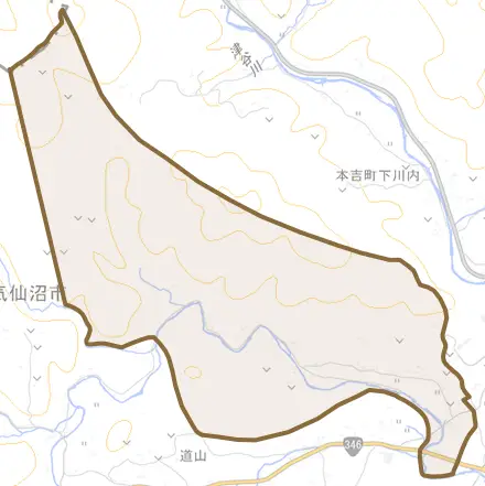 本吉町舘下とその周辺の地図。町の範囲を重ねている