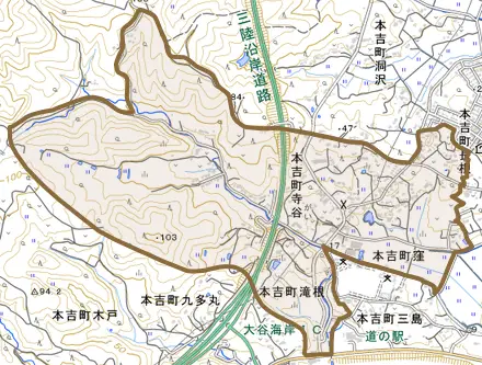 本吉町寺谷とその周辺の地図。町の範囲を重ねている