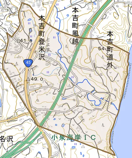 本吉町登米沢とその周辺の地図。町の範囲を重ねている