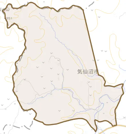 本吉町角柄とその周辺の地図。町の範囲を重ねている
