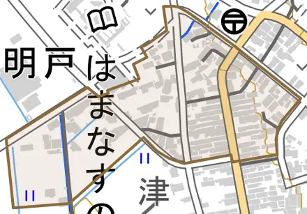 本吉町津谷明戸とその周辺の地図。町の範囲を重ねている