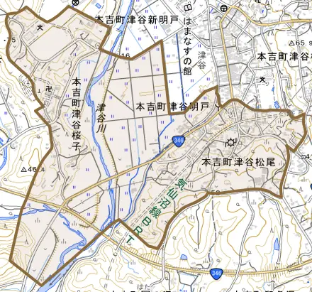 本吉町津谷桜子とその周辺の地図。町の範囲を重ねている