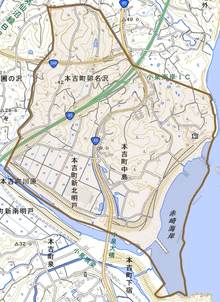 本吉町卯名沢とその周辺の地図。町の範囲を重ねている