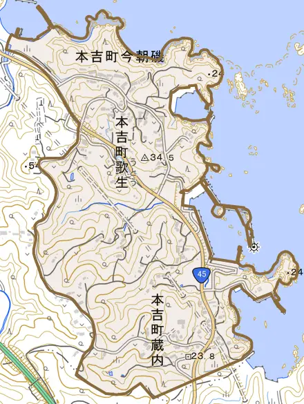 本吉町歌生とその周辺の地図。町の範囲を重ねている