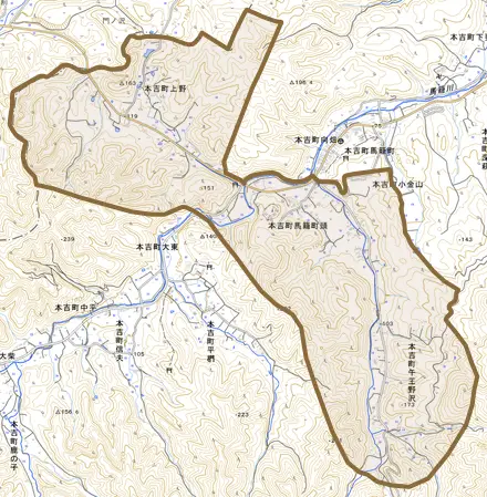 本吉町上野とその周辺の地図。町の範囲を重ねている