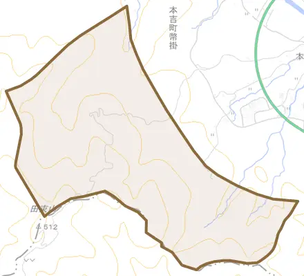 本吉町蕨野とその周辺の地図。町の範囲を重ねている