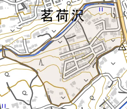 茗荷沢とその周辺の地図。町の範囲を重ねている