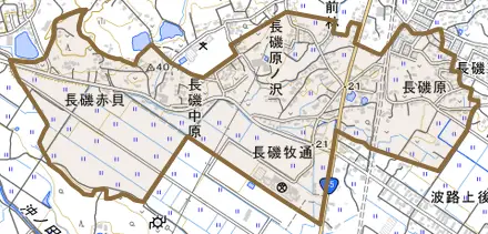 長磯牧通とその周辺の地図。町の範囲を重ねている
