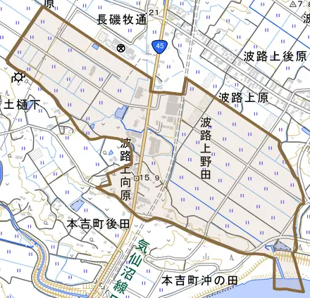 長磯中原とその周辺の地図。町の範囲を重ねている