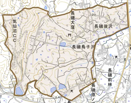 長磯大窪とその周辺の地図。町の範囲を重ねている