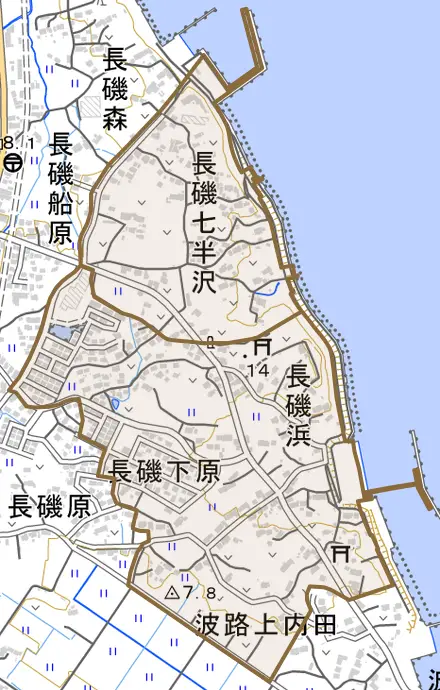 長磯七半沢とその周辺の地図。町の範囲を重ねている