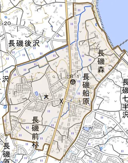 長磯鳥子沢とその周辺の地図。町の範囲を重ねている