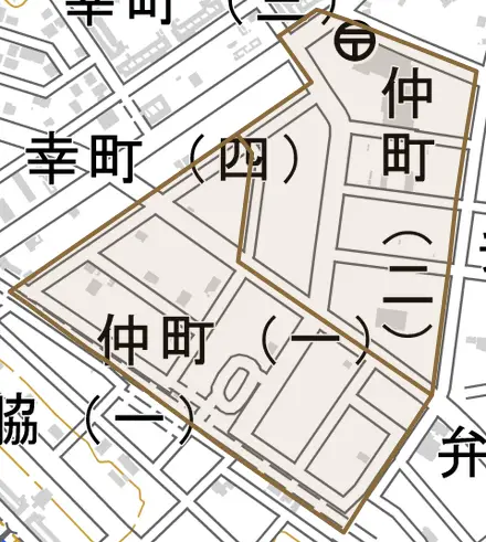 仲町とその周辺の地図。町の範囲を重ねている