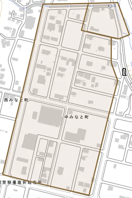 中みなと町とその周辺の地図。町の範囲を重ねている