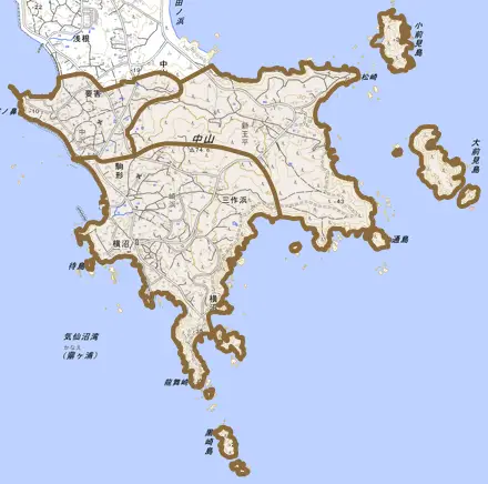 中山とその周辺の地図。町の範囲を重ねている