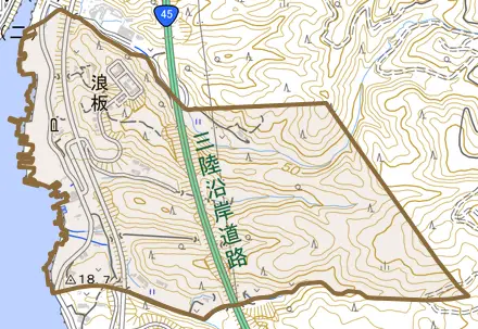 浪板とその周辺の地図。町の範囲を重ねている