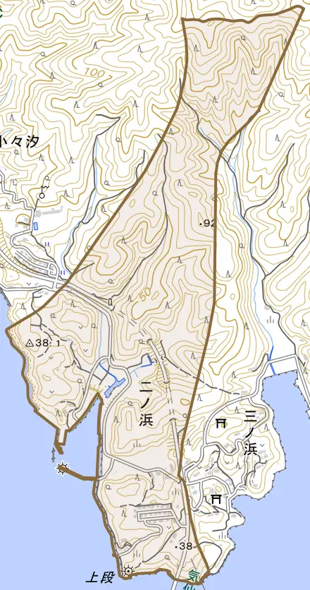 二ノ浜とその周辺の地図。町の範囲を重ねている