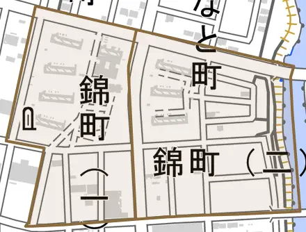 錦町とその周辺の地図。町の範囲を重ねている