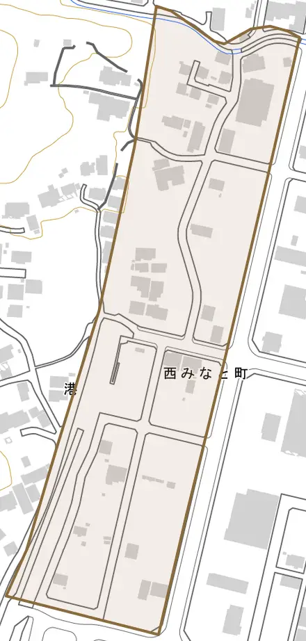 西みなと町とその周辺の地図。町の範囲を重ねている