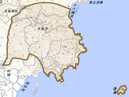 大初平とその周辺の地図。町の範囲を重ねている