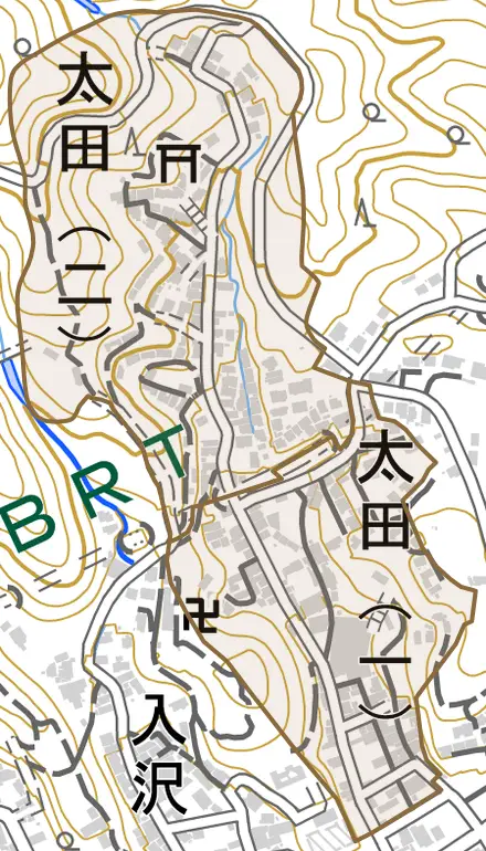太田とその周辺の地図。町の範囲を重ねている
