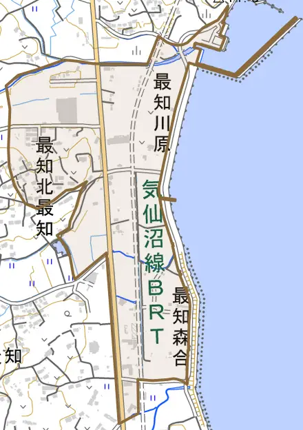 最知北最知とその周辺の地図。町の範囲を重ねている