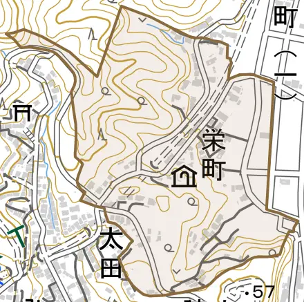 栄町とその周辺の地図。町の範囲を重ねている