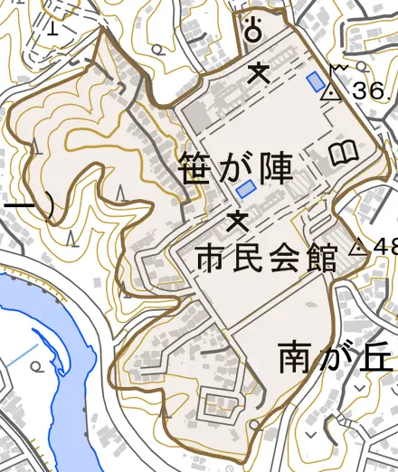 笹が陣とその周辺の地図。町の範囲を重ねている