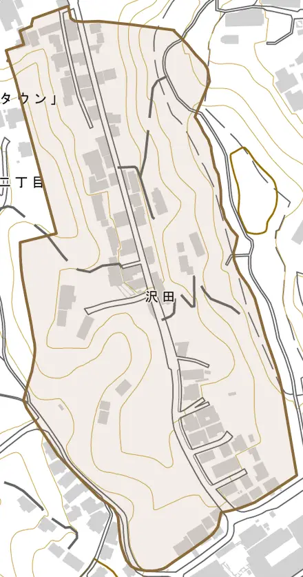 沢田とその周辺の地図。町の範囲を重ねている