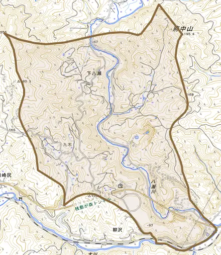 下八瀬とその周辺の地図。町の範囲を重ねている