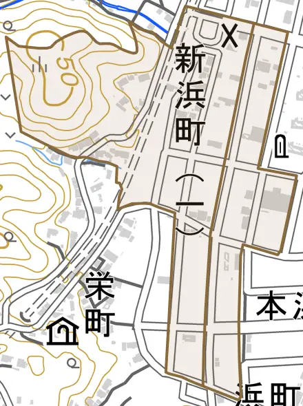 新浜町とその周辺の地図。町の範囲を重ねている