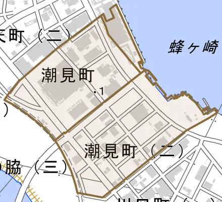 潮見町とその周辺の地図。町の範囲を重ねている