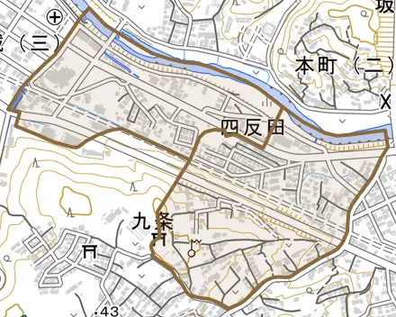 四反田とその周辺の地図。町の範囲を重ねている