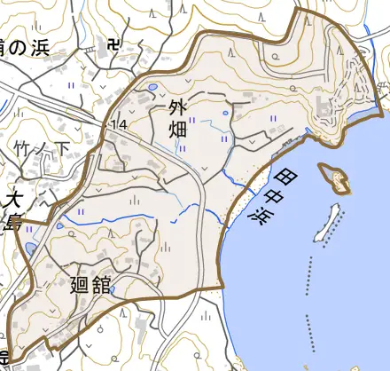 外畑とその周辺の地図。町の範囲を重ねている