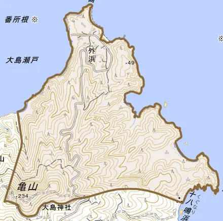 外浜とその周辺の地図。町の範囲を重ねている