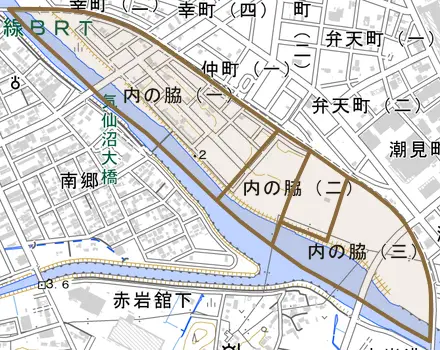 内の脇とその周辺の地図。町の範囲を重ねている