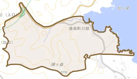 唐桑町只越とその周辺の地図。町の範囲を重ねている