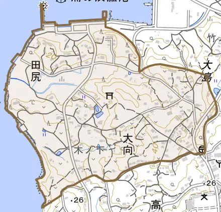 田尻とその周辺の地図。町の範囲を重ねている