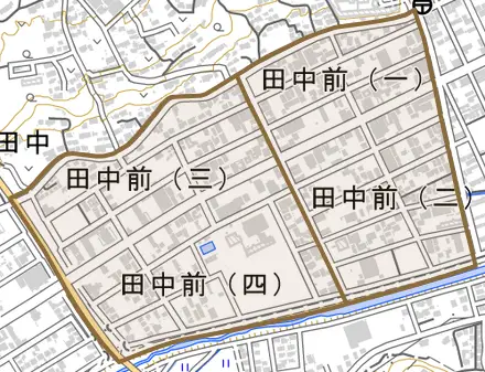 田中前とその周辺の地図。町の範囲を重ねている